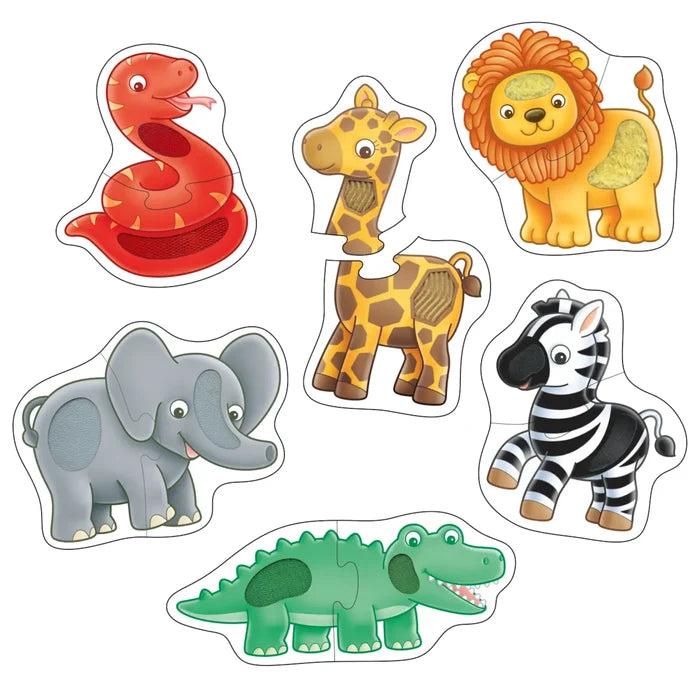 Six colorful two-piece animal puzzles featuring tactile textures, including a lion, elephant, zebra, and crocodile.