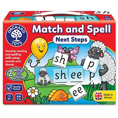Red game box featuring sheep, fish, and balloon illustrations with letter tiles spelling the word sheep.