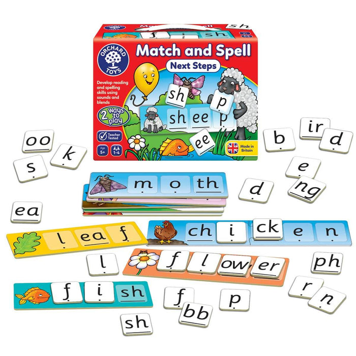 Red game box with colorful illustrated word strips and phonics letter tiles on a white background.