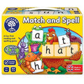 Yellow box featuring cartoon animals holding letter tiles to spell hat. Includes Orchard Toys logo and game info icons.