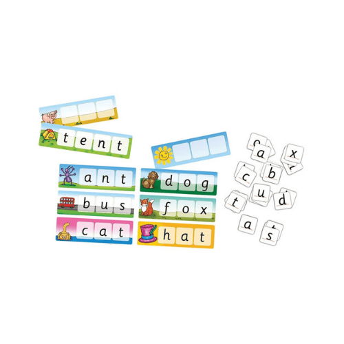 Educational word game with colorful illustrated boards of animals and objects alongside square white letter tiles.