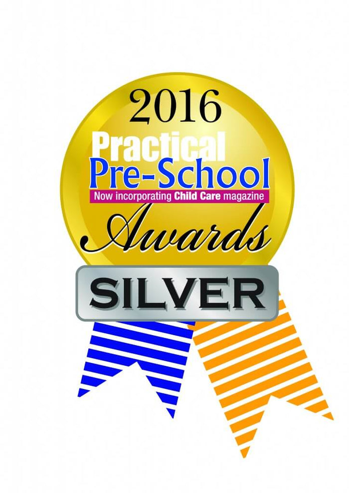 2016 Practical Pre-School Awards Silver logo with a gold circle, silver banner, and blue and orange striped ribbons.