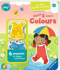 Colorful magnetic book cover with a girl holding a rainbow umbrella and a window showing yellow and blue outfit magnets.