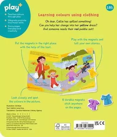 Green back cover of a children's book with park illustrations and colorful dress, shirt, and pajama magnets.