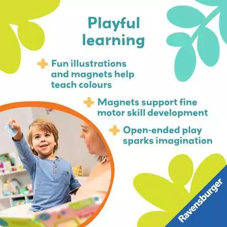 Graphic of a child playing with magnets, text highlighting learning benefits, and colorful leaf motifs with logo.
