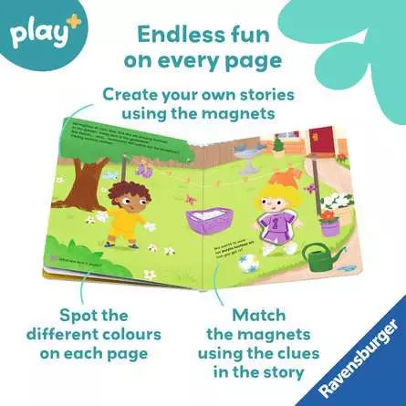 Open magnetic children's book with garden illustrations, character magnets, and educational text callouts.