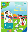 Colorful magnetic board book with a farm scene, sheep, a cow, and children, featuring a clear tray of 6 magnets.