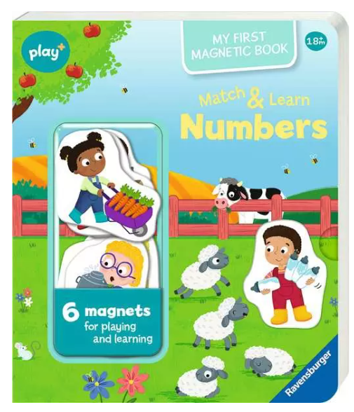 Colorful magnetic board book with a farm scene, sheep, a cow, and children, featuring a clear tray of 6 magnets.