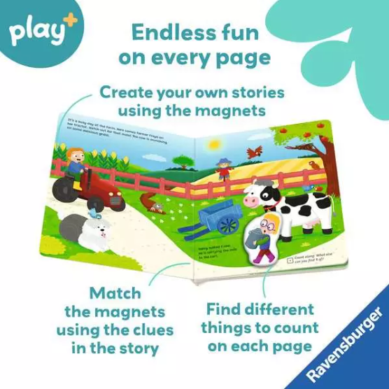 Open farm-themed magnetic book with bright illustrations, magnetic pieces, and text highlighting interactive play.