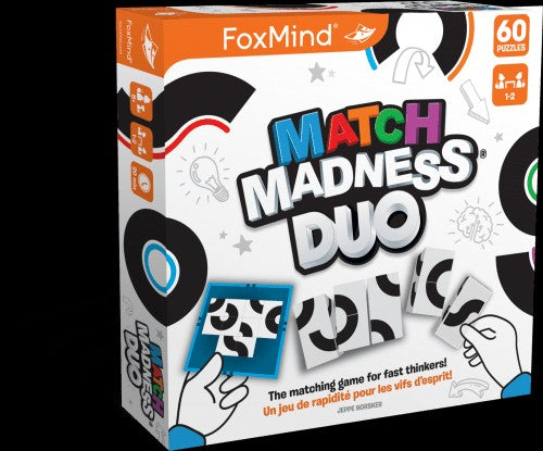 FoxMind Match Madness Duo box featuring black and white patterned tiles, a blue board, and bold colorful text.
