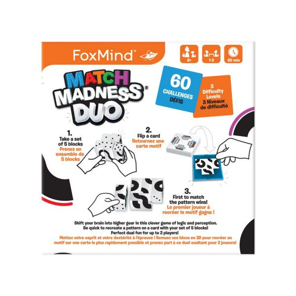 Match Madness Duo packaging with illustrations of black and white patterned blocks, game cards, and logic challenge steps.