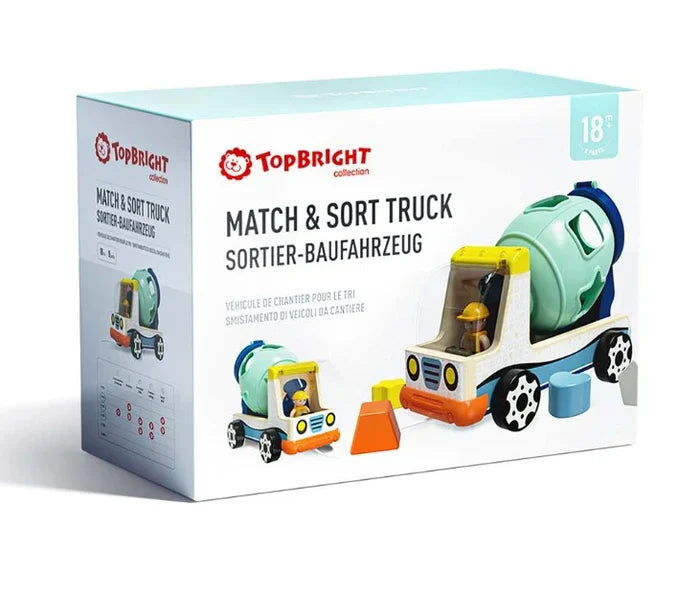 TopBright box for a wooden cement mixer toy with a green shape-sorting drum, driver figure, and colorful shapes.