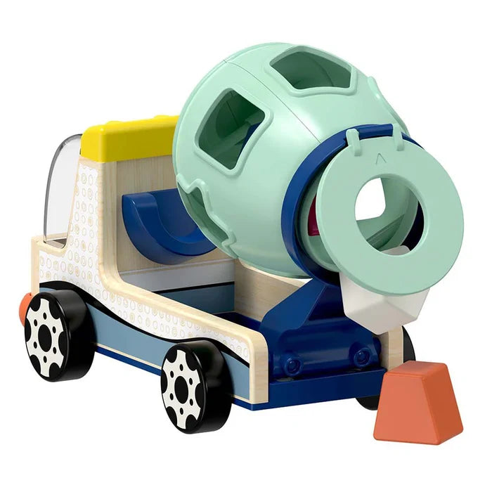 Toy cement mixer with a light green shape-sorting drum, yellow cab, blue base, and an orange block.