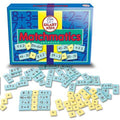 Blue board game box above scattered light blue rectangular math tiles and small yellow square equal sign tiles.