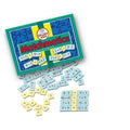 Green and blue game box with blue rectangular math tiles and yellow equals signs scattered on a white background.