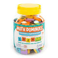 Clear plastic jar with yellow lid filled with colorful math tiles, showing an addition equation on the label.