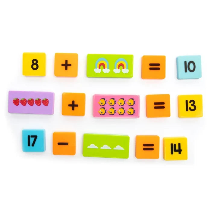 Colorful square and rectangular tiles showing addition and subtraction equations with numbers and illustrated objects.