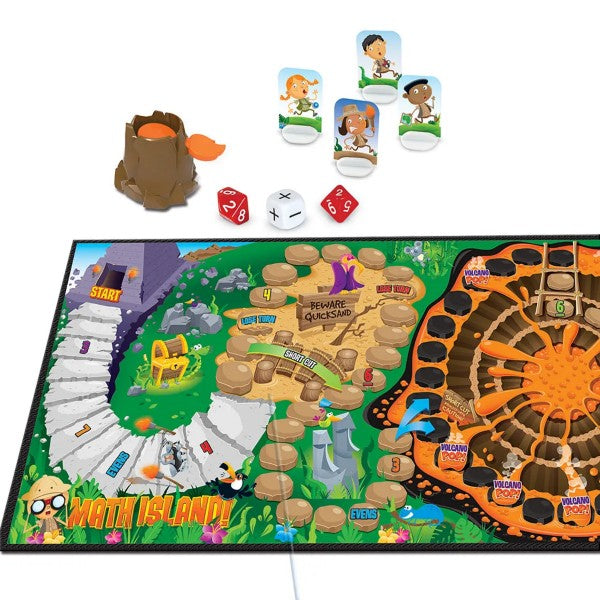 Colorful jungle-themed board game featuring a volcano prop, three dice, and four character standees.