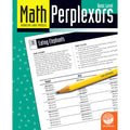 Teal Math Perplexors workbook cover and open logic puzzle page with a yellow pencil and white math symbols.