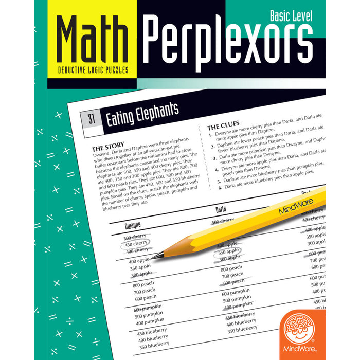 Teal Math Perplexors workbook cover and open logic puzzle page with a yellow pencil and white math symbols.