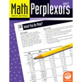 Math Perplexors Level C book open to a word problem page with a yellow pencil resting on a logic puzzle grid.