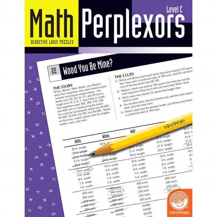 Math Perplexors Level C book open to a word problem page with a yellow pencil resting on a logic puzzle grid.
