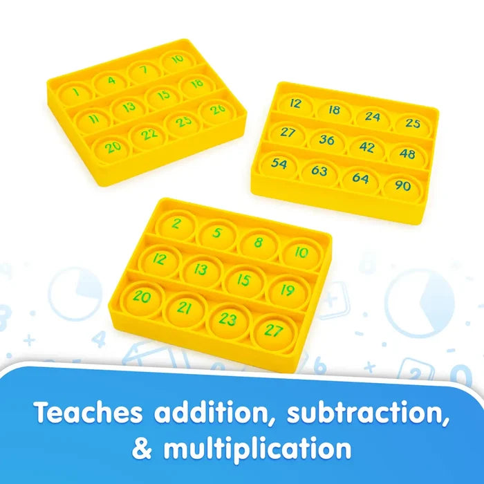 Three yellow rectangular pop-it trays with green and blue numbered bubbles for learning basic math operations.