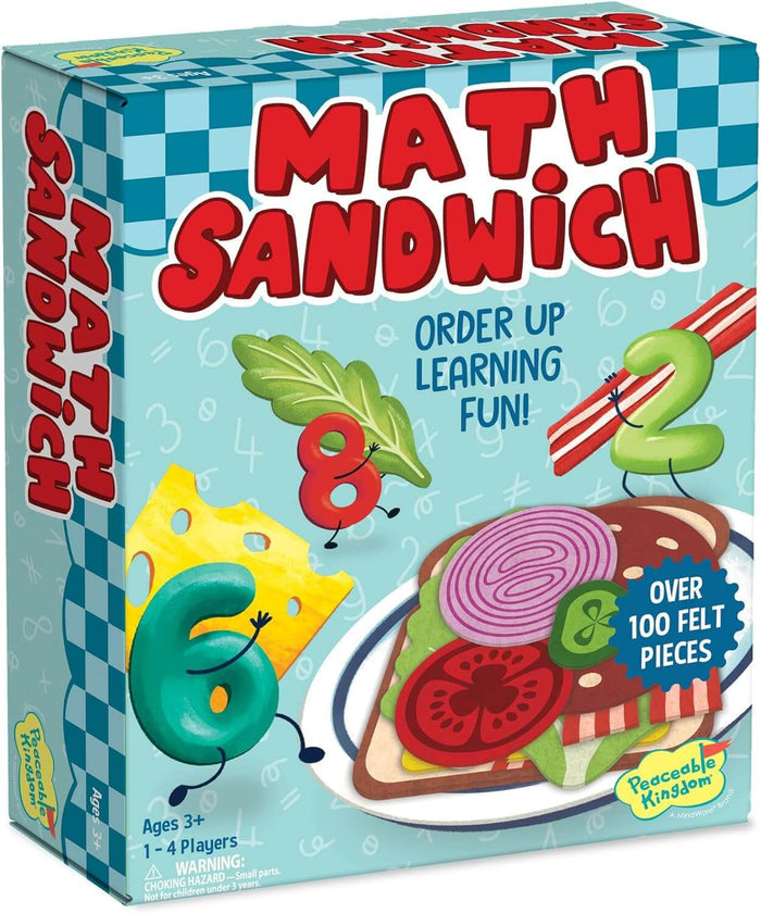 Blue game box featuring cartoon numbers holding sandwich toppings like cheese and lettuce next to a felt sandwich.