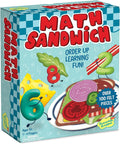 Blue game box featuring cartoon numbers holding sandwich toppings like cheese and lettuce next to a felt sandwich.