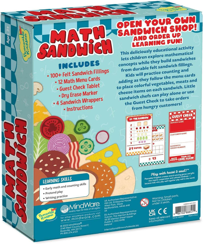 Teal game box showing colorful felt sandwich fillings, math menu cards, and a guest check pad for learning fun.