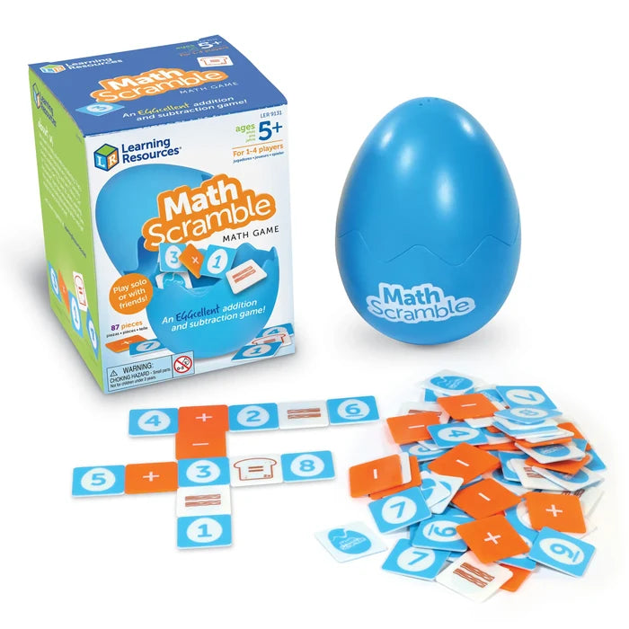 Math Scramble box next to a blue egg and square tiles forming addition and subtraction crossword-style equations.