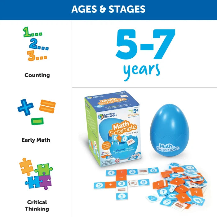 Math Scramble game for ages 5-7 with a blue egg container and colorful numbered tiles showing simple math equations.