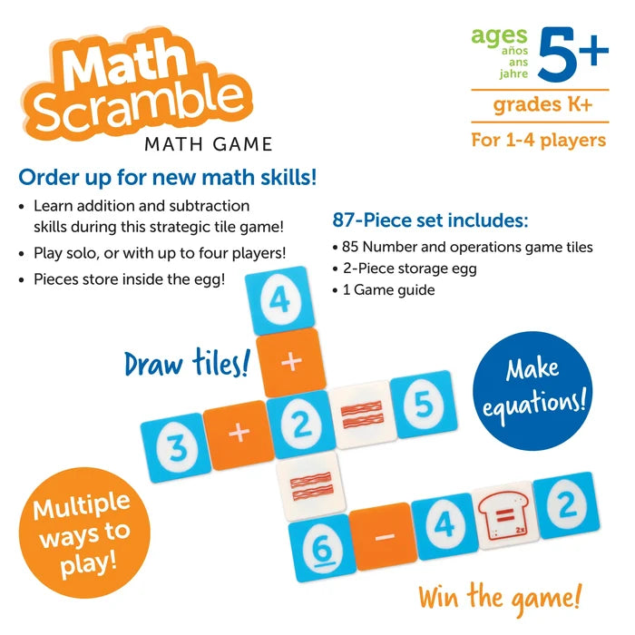 Blue and orange tiles forming crossword equations for a math addition and subtraction game for ages 5 and up.