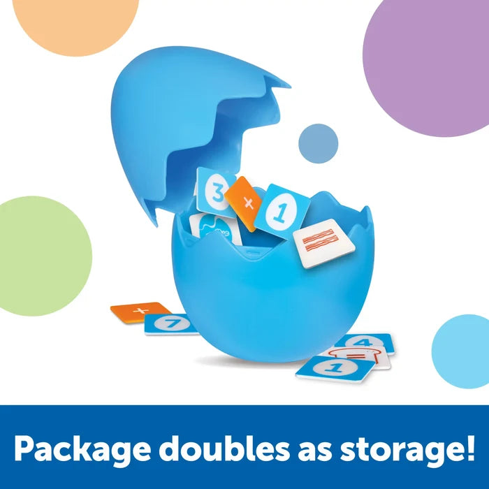 Blue egg-shaped container spilling out square tiles with numbers and math symbols. Text: Package doubles as storage!