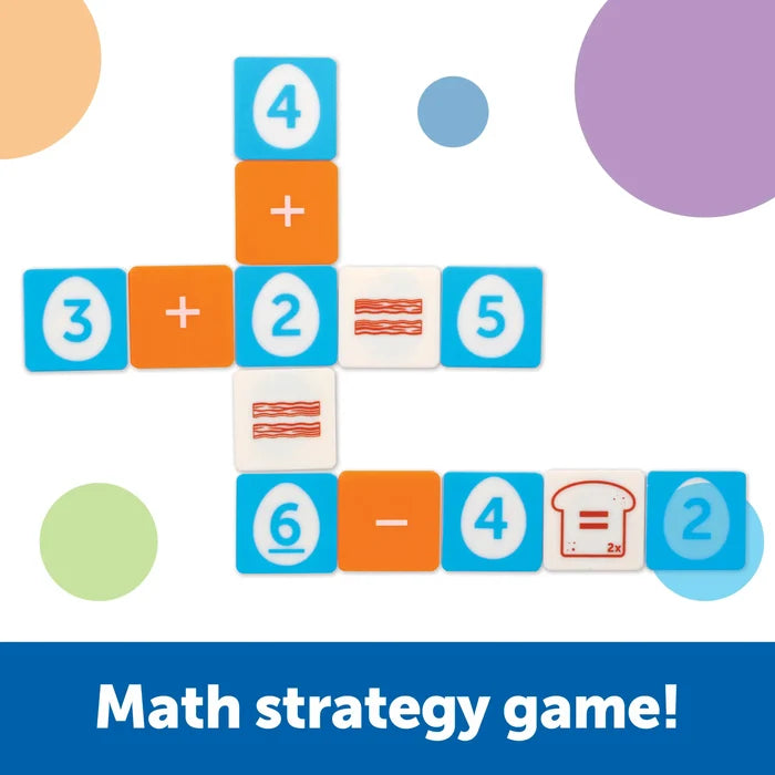Blue and orange square tiles forming crossword math equations with bacon and toast equal signs.