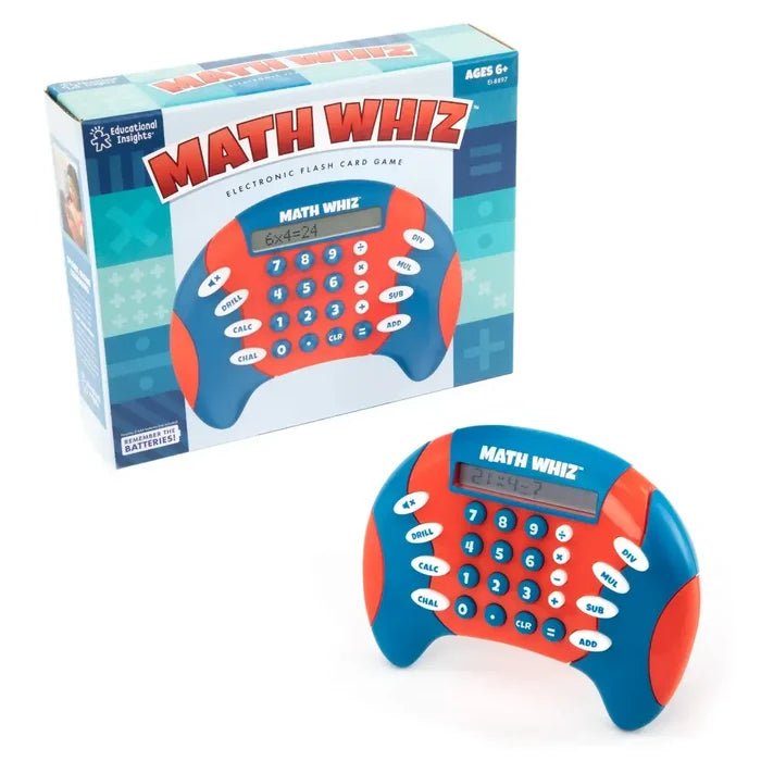Blue and red gamepad-style electronic math game with buttons and LCD screen, shown next to its colorful packaging.