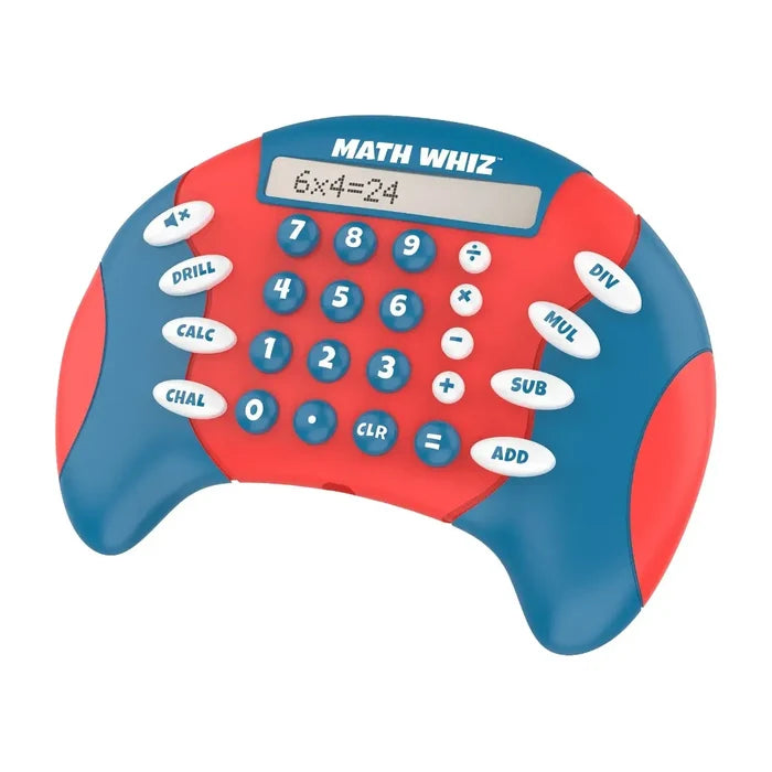 Red and blue controller-shaped handheld math game with an LCD screen showing 6x4=24 and labeled buttons.