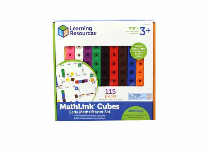 Retail box of 115 colorful interlocking plastic cubes and math activity cards for children ages 3 and up.