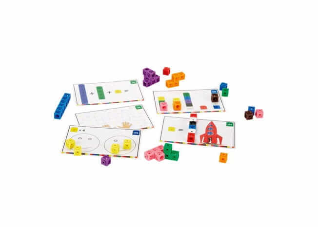 Colorful interlocking cubes and activity cards with math problems, shapes, and pictures on a white background.