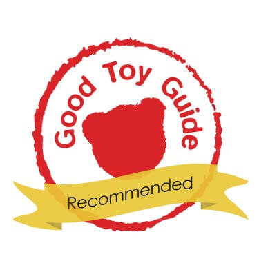 Good Toy Guide Recommended seal with a red bear silhouette in a stamped circle and a yellow ribbon banner.
