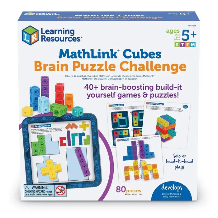 MathLink Cubes Brain Puzzle box with 80 colorful interlocking cubes, activity cards, and a blue plastic tray.