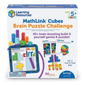 MathLink Cubes Brain Puzzle box with 80 colorful interlocking cubes, activity cards, and a blue plastic tray.
