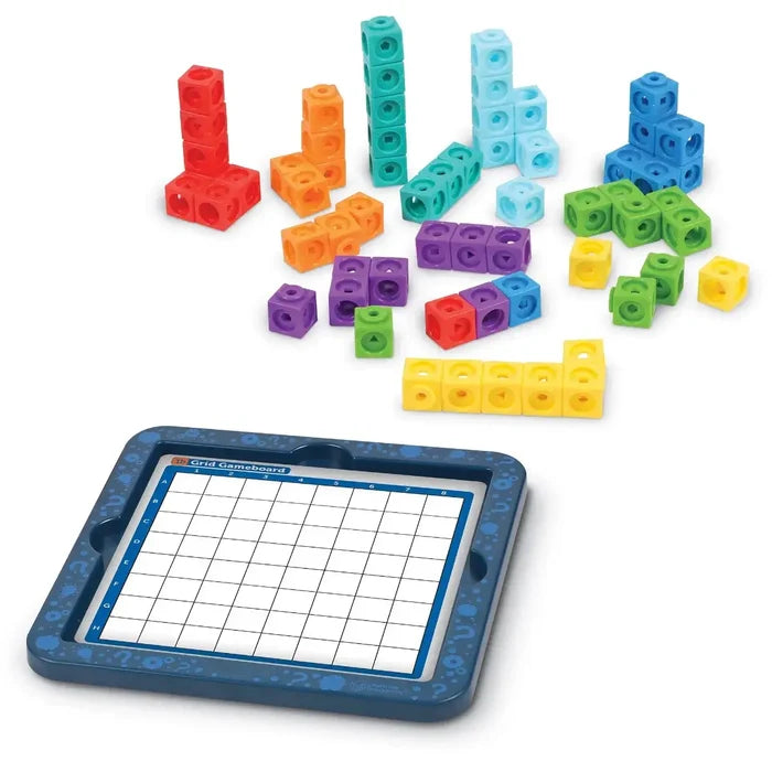 Colorful interlocking cubes in various shapes above a blue gameboard with an 8x8 numbered and lettered white grid.