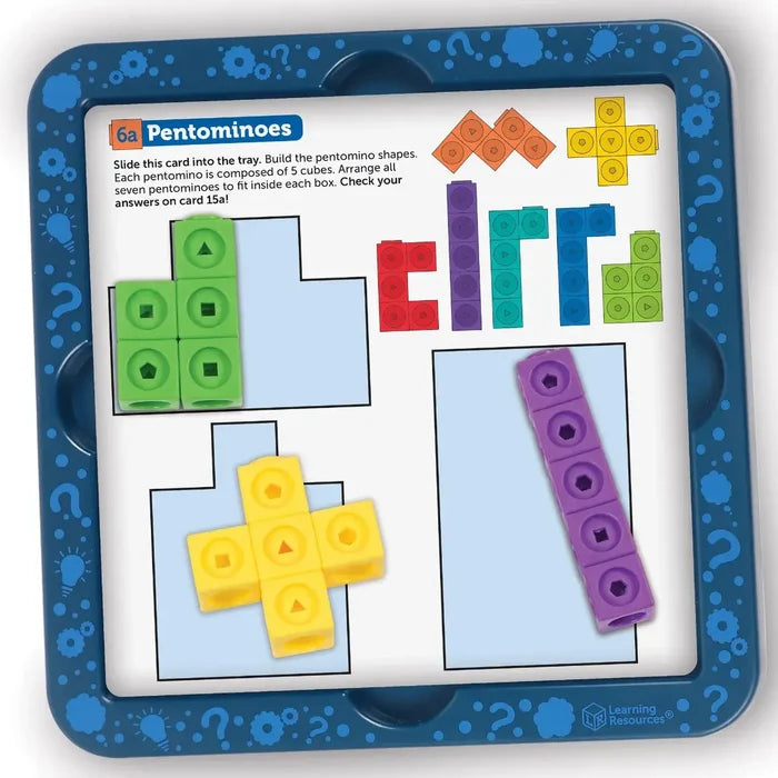 Blue puzzle tray with colorful interlocking cubes in pentomino shapes on an activity challenge card.