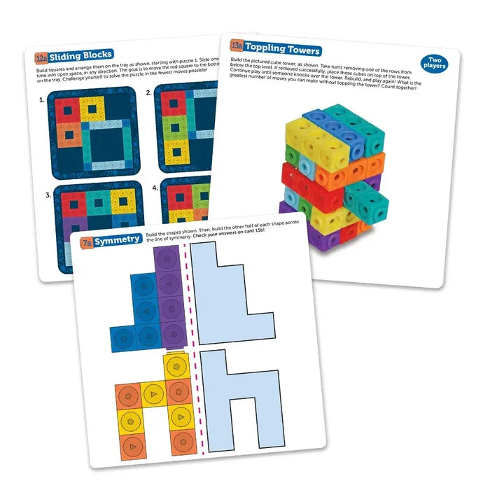 Three activity cards showing colorful cube puzzles for toppling towers, symmetry exercises, and sliding block games.