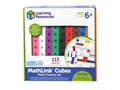 Boxed set of 115 colorful linking cubes with molded geometric shapes and math activity cards.