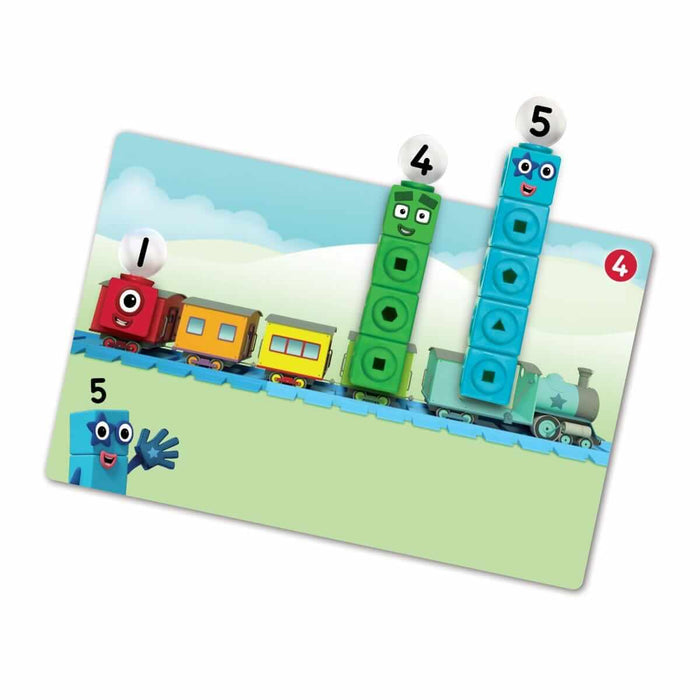 Activity card showing red, green, and blue Numberblocks built as towers on a colorful toy train.