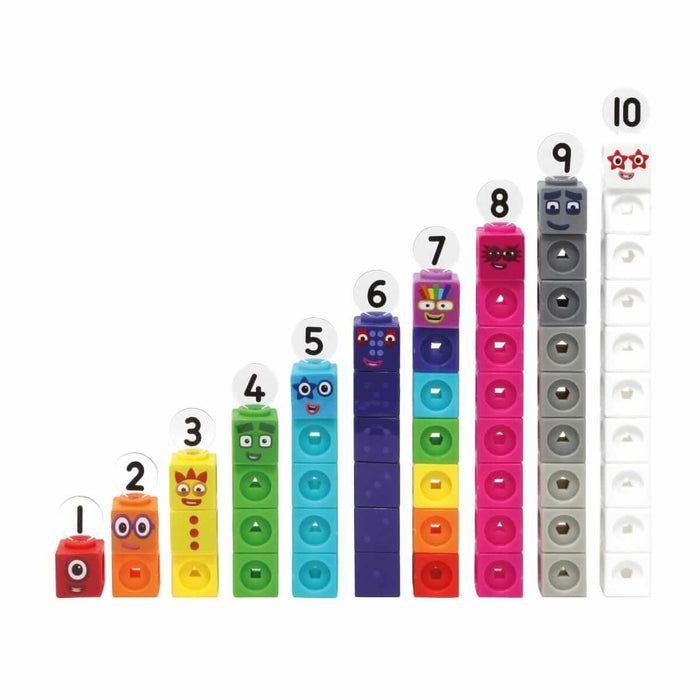 Ten colorful block towers ranging from 1 to 10 cubes high, each with a character face and a circular number label.