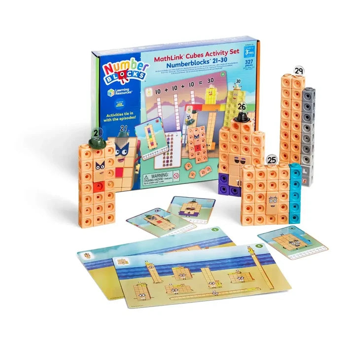 Linking cube characters in peach, blue, and grey, with illustrated activity cards and a blue product box.