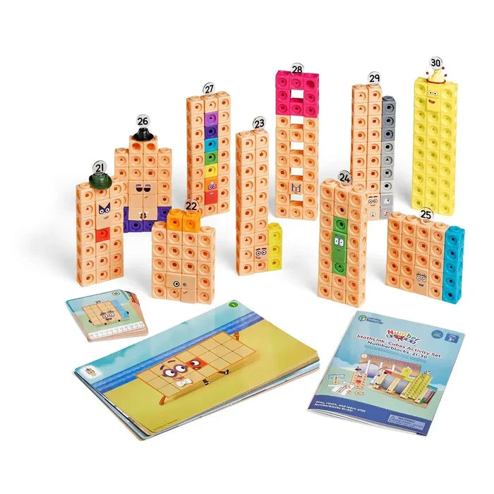 Colorful character figures made of linking cubes, labeled 21 to 30, with character cards and activity guide.